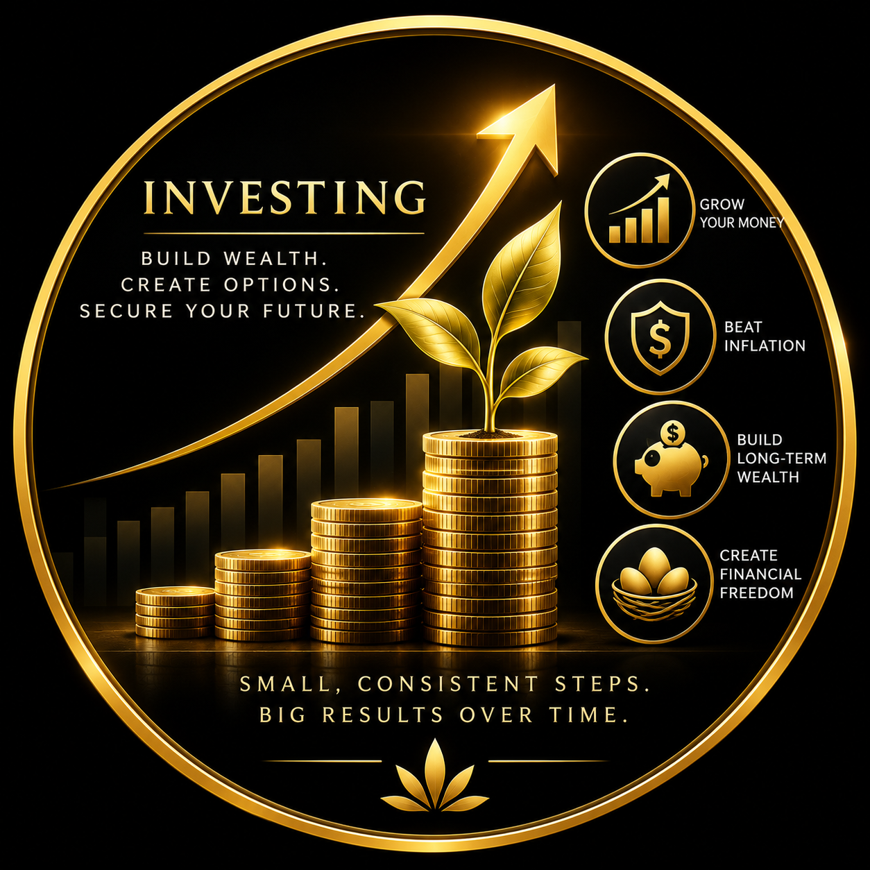 Gold investing diagram with rising coin stacks, growth arrow and wealth icons inside a circular gold frame