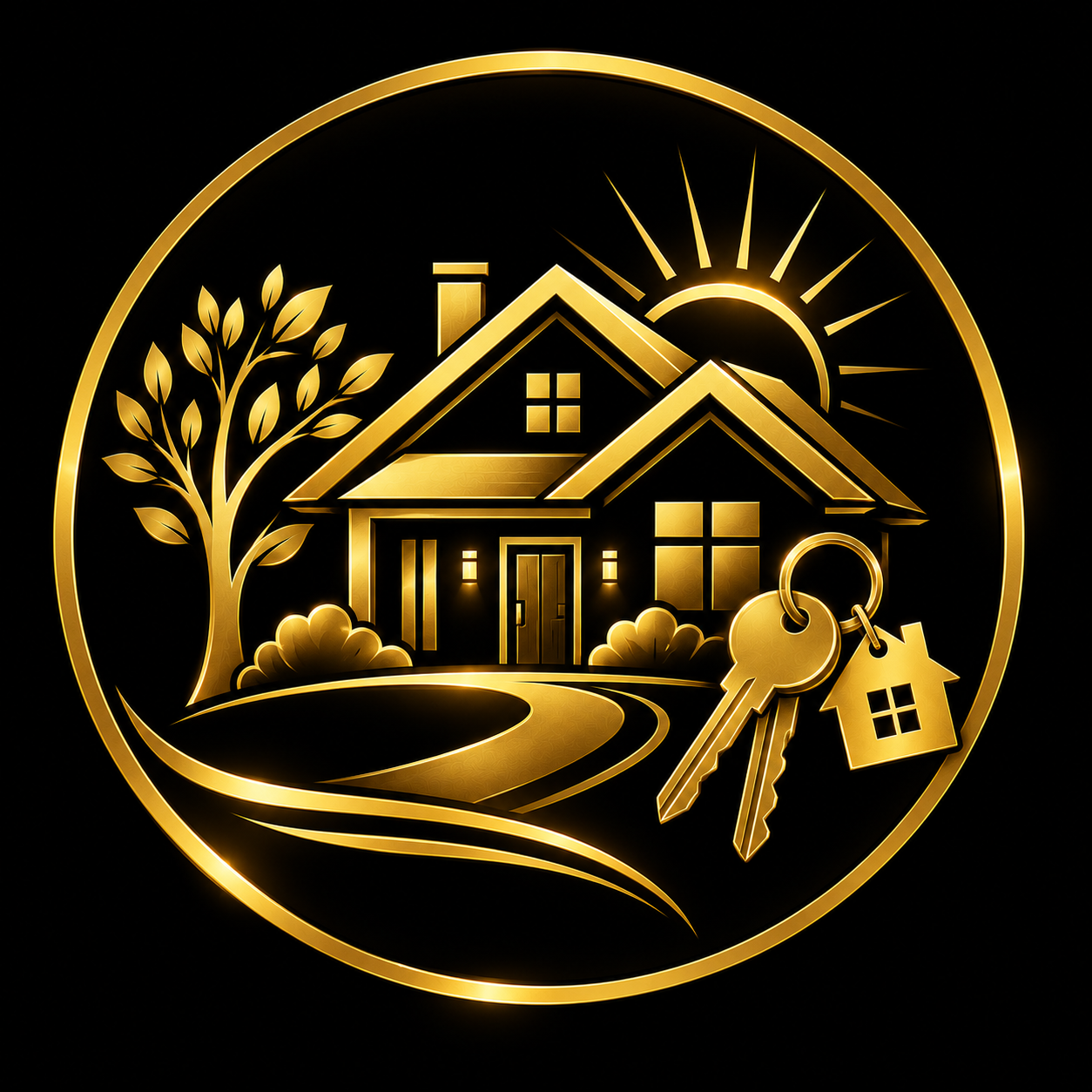 Gold circular editorial illustration of a Canadian home at sunrise with a leafy tree, winding pathway and a set of house keys with a home-shaped keychain