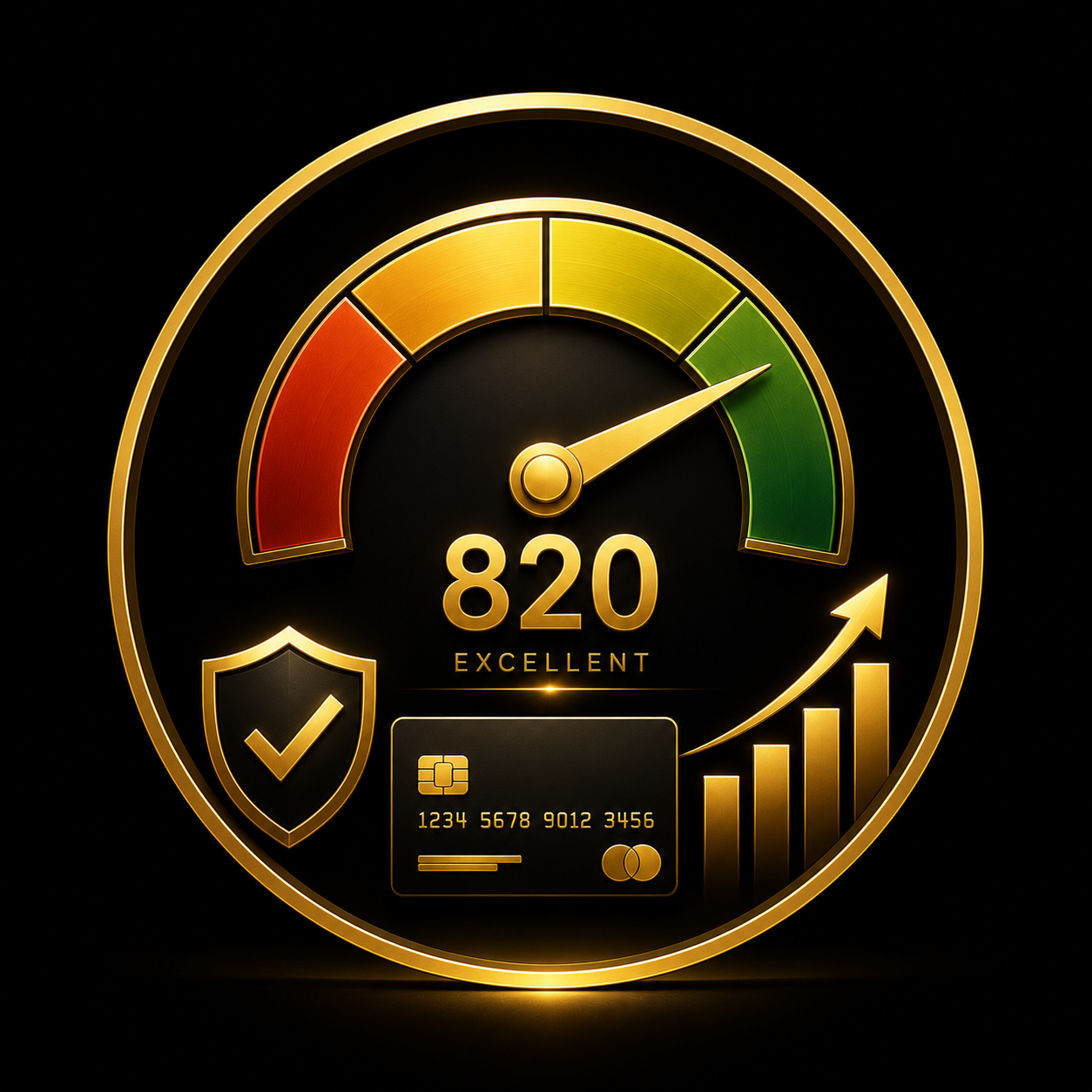 Gold credit score gauge showing 820 Excellent with shield, credit card and rising chart inside a circular gold frame
