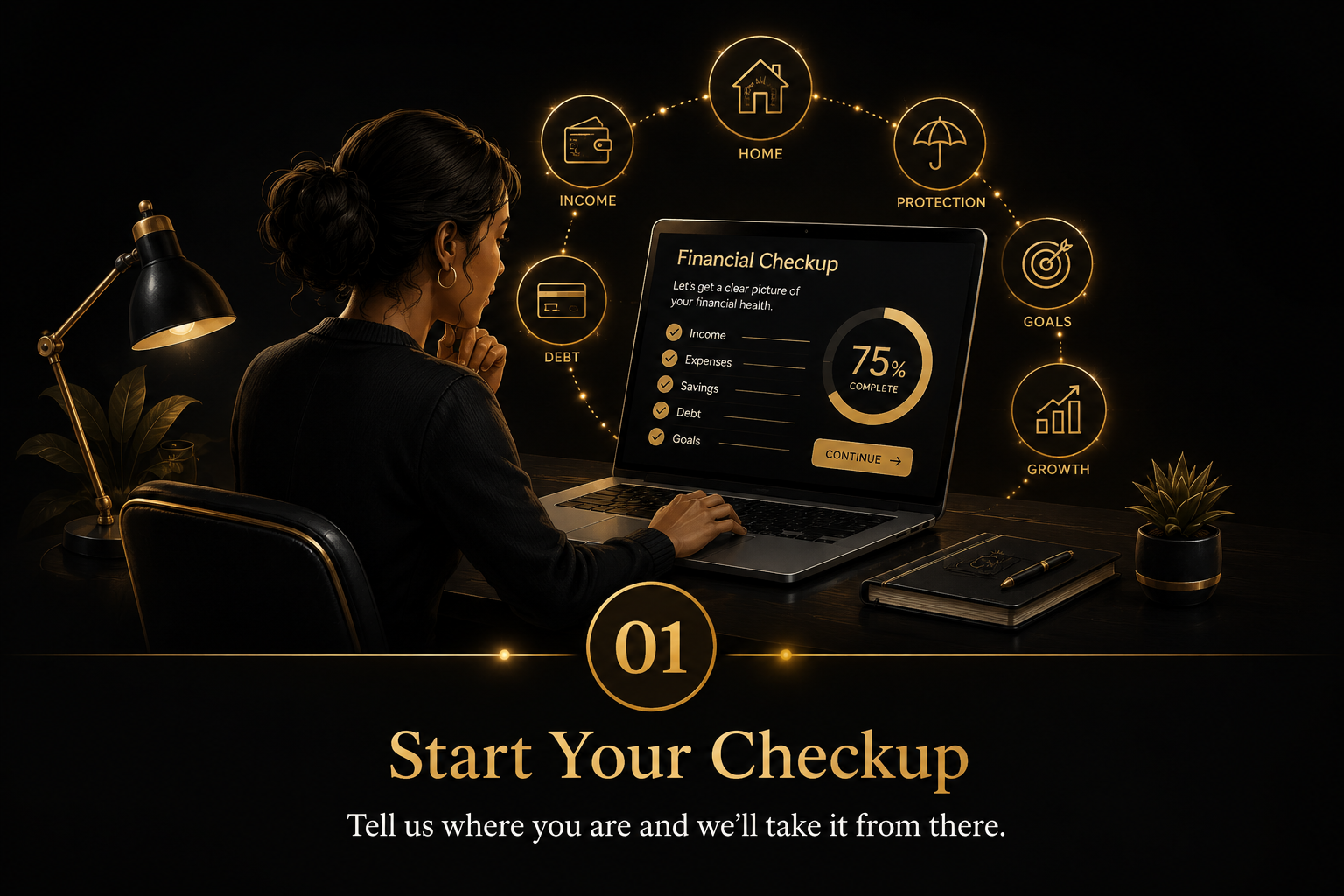 Elegant gold and black illustration of a person at a laptop completing a financial checkup, surrounded by glowing icons for income, debt, home, protection, goals and growth