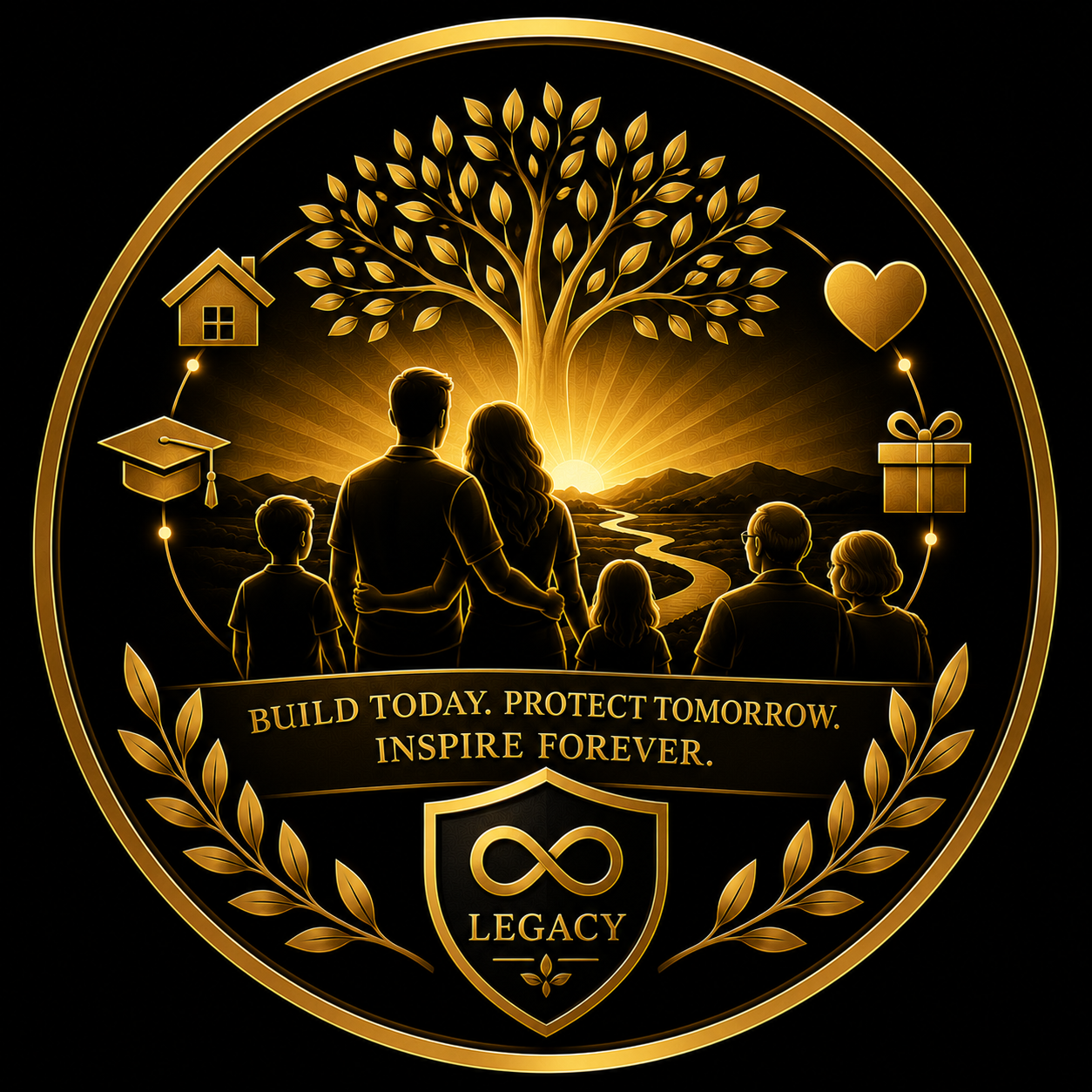 Illustration of three generations of a family connected by a glowing gold pathway