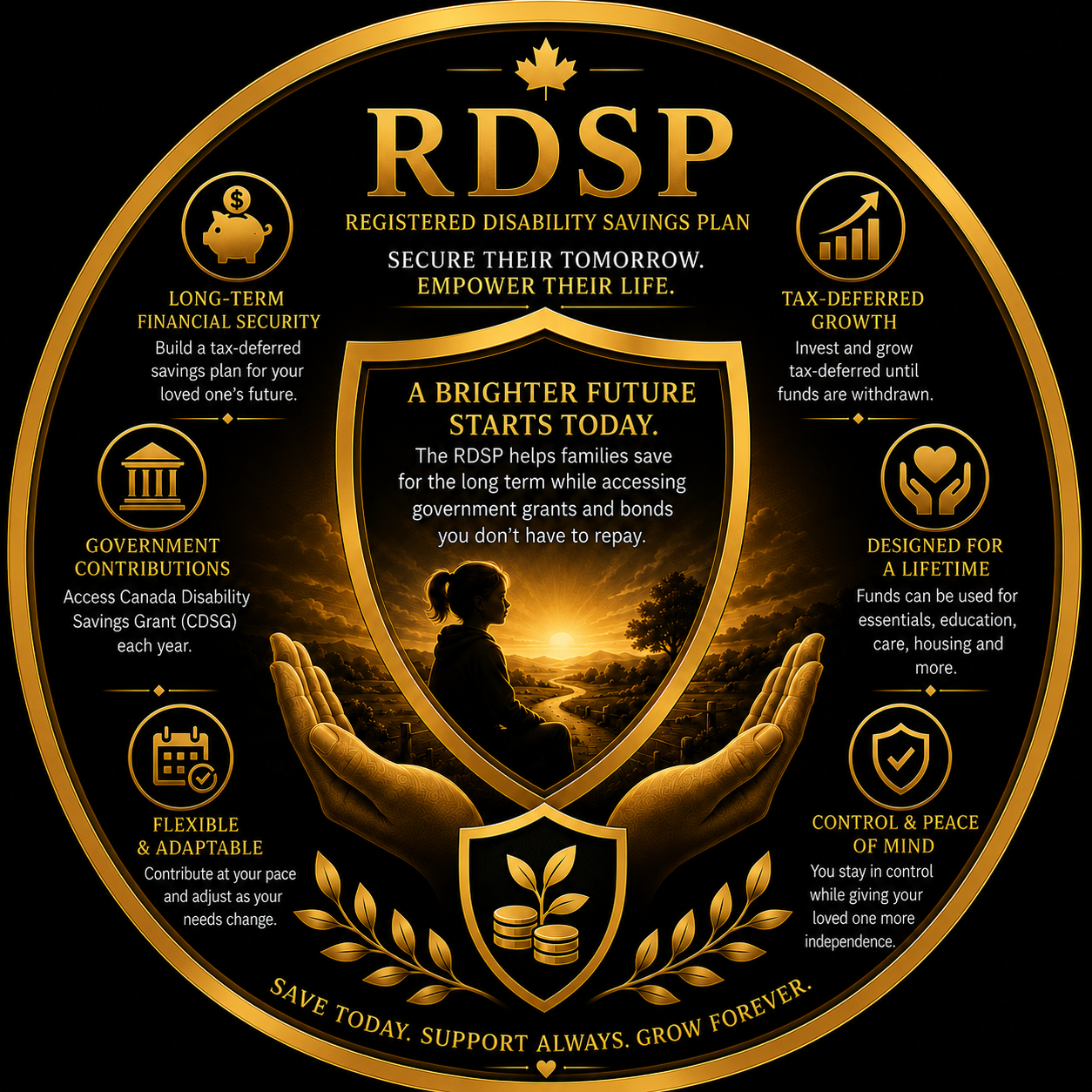 Golden RDSP emblem with a child looking toward a sunrise, caring hands, a family home and a shield with growing coins, symbolizing long-term disability savings support