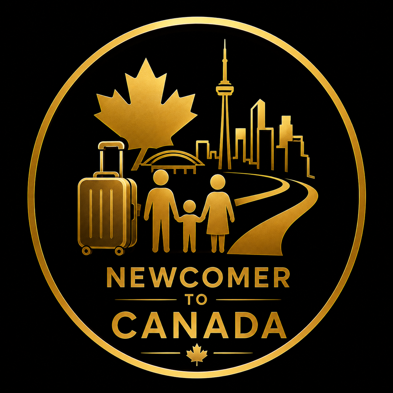 Gold editorial illustration of a newcomer family arriving in Canada with a maple leaf, Toronto skyline and luggage