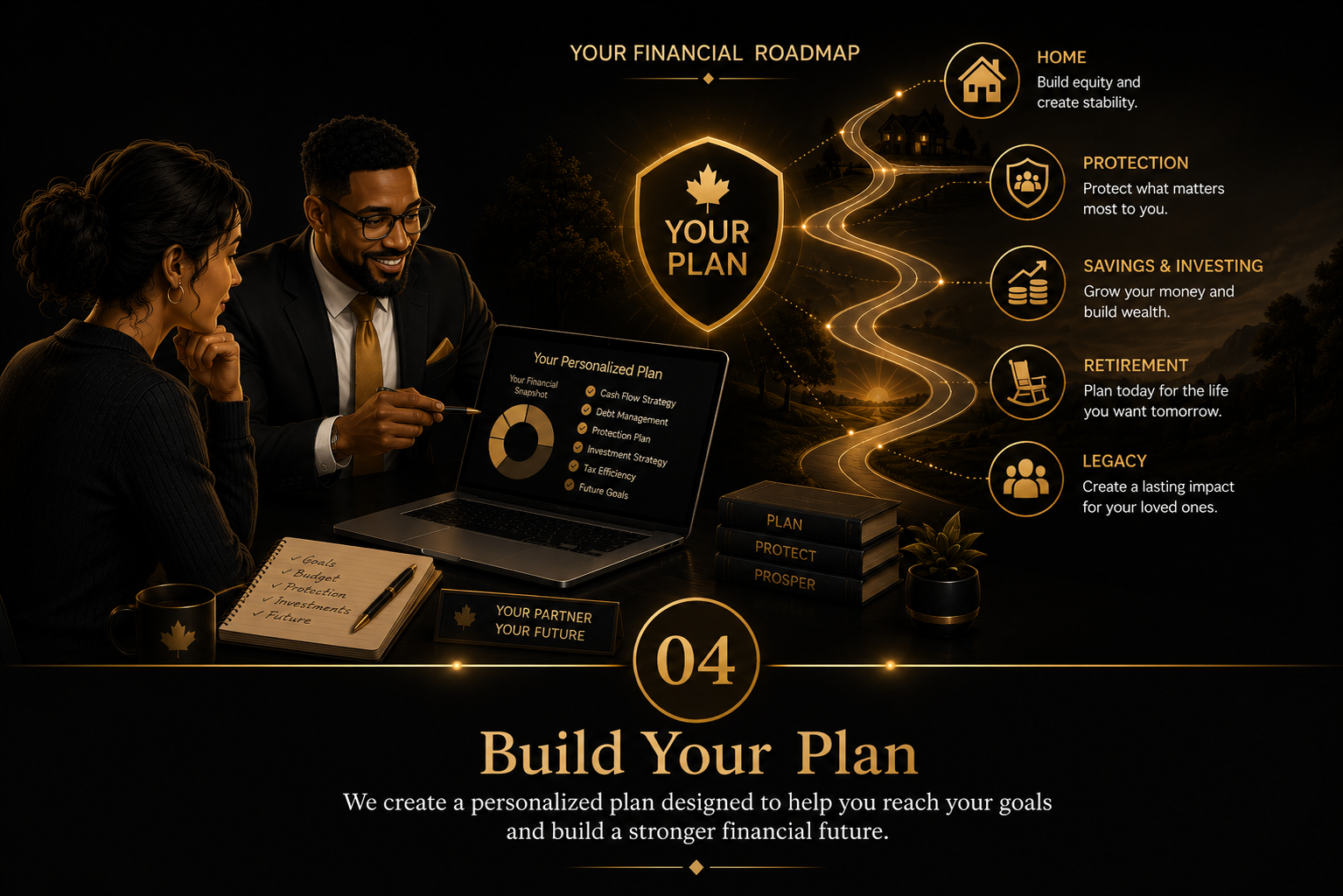 Elegant gold and black illustration of an advisor and client reviewing a personalized financial plan on a laptop, with a glowing roadmap, a Your Plan shield, and pillars for home, protection, savings, retirement and legacy