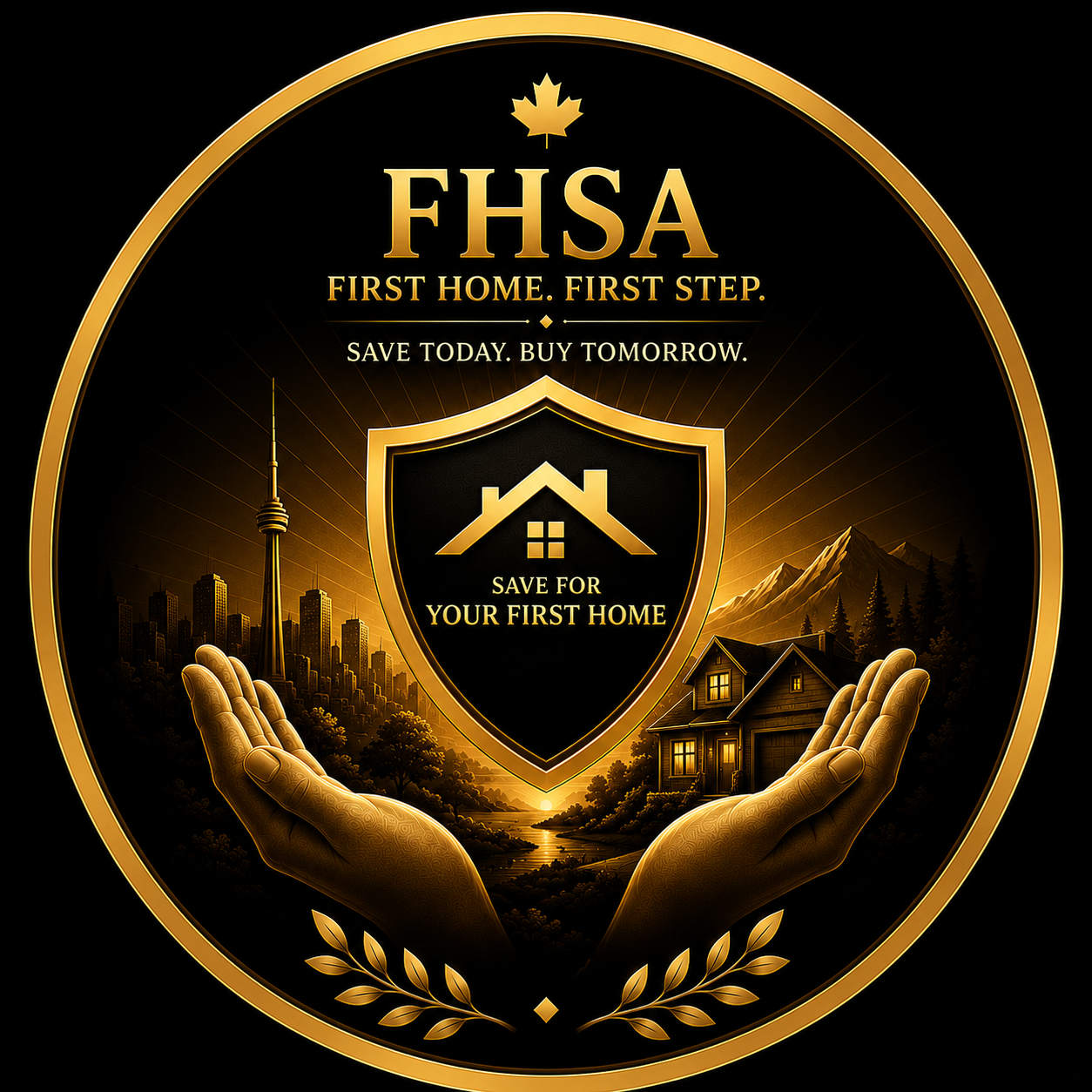 Golden FHSA emblem with a home inside a shield, maple leaf, city skyline and mountains, symbolizing saving for a first home in Canada