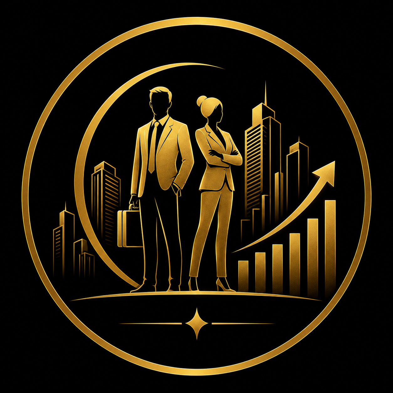 Gold circular editorial illustration of two business professionals standing confidently in front of a city skyline with a rising growth chart and upward arrow