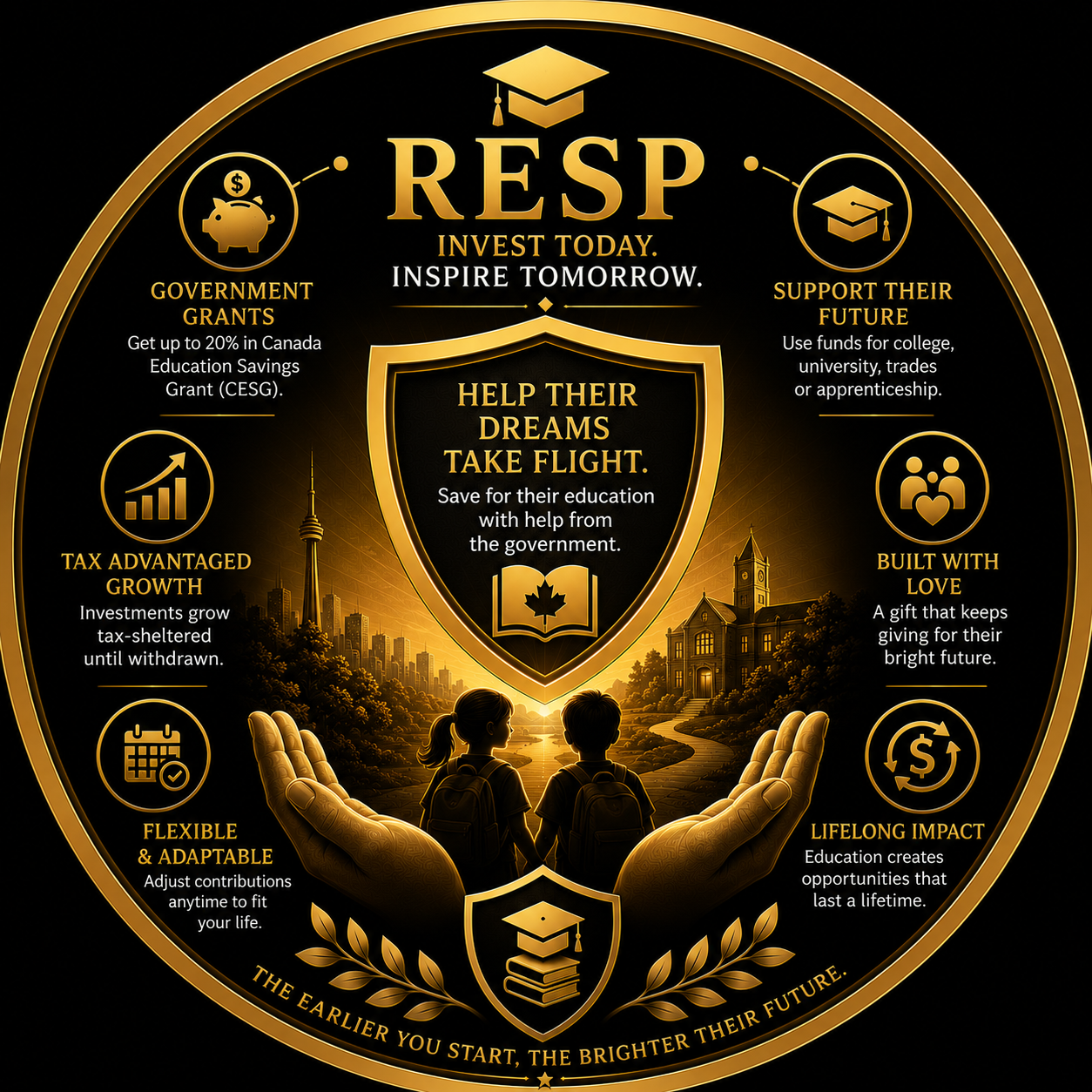Golden RESP emblem with a graduation cap, open book, children and schoolhouse, symbolizing education savings and government grants