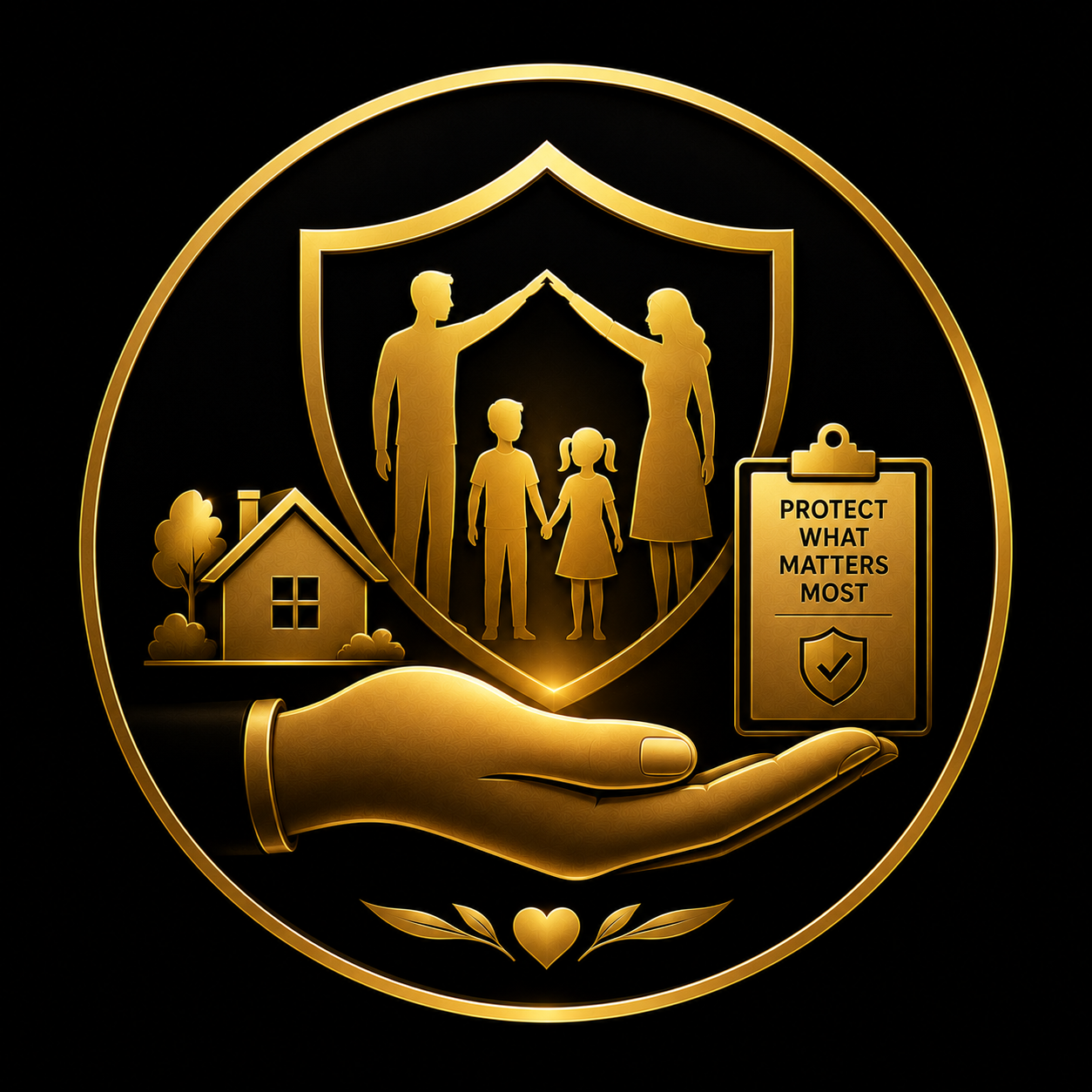 Gold life insurance illustration with a family inside a protective shield, home, and a hand holding it all within a circular gold frame