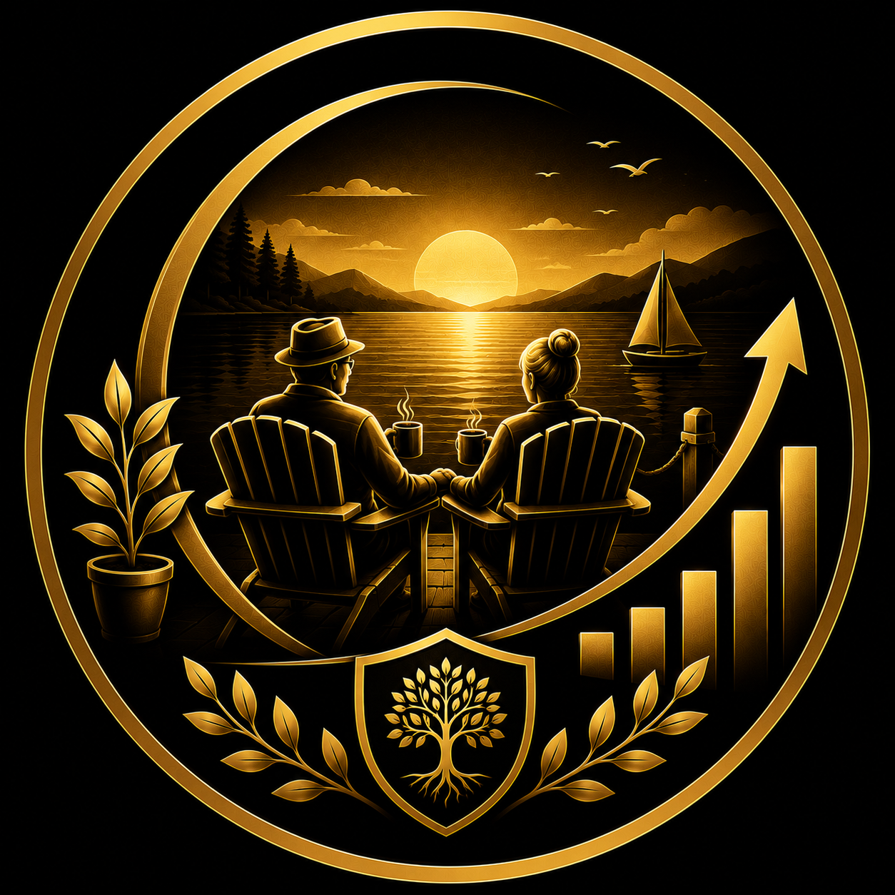 Illustration of a mature couple looking down a glowing gold road toward retirement