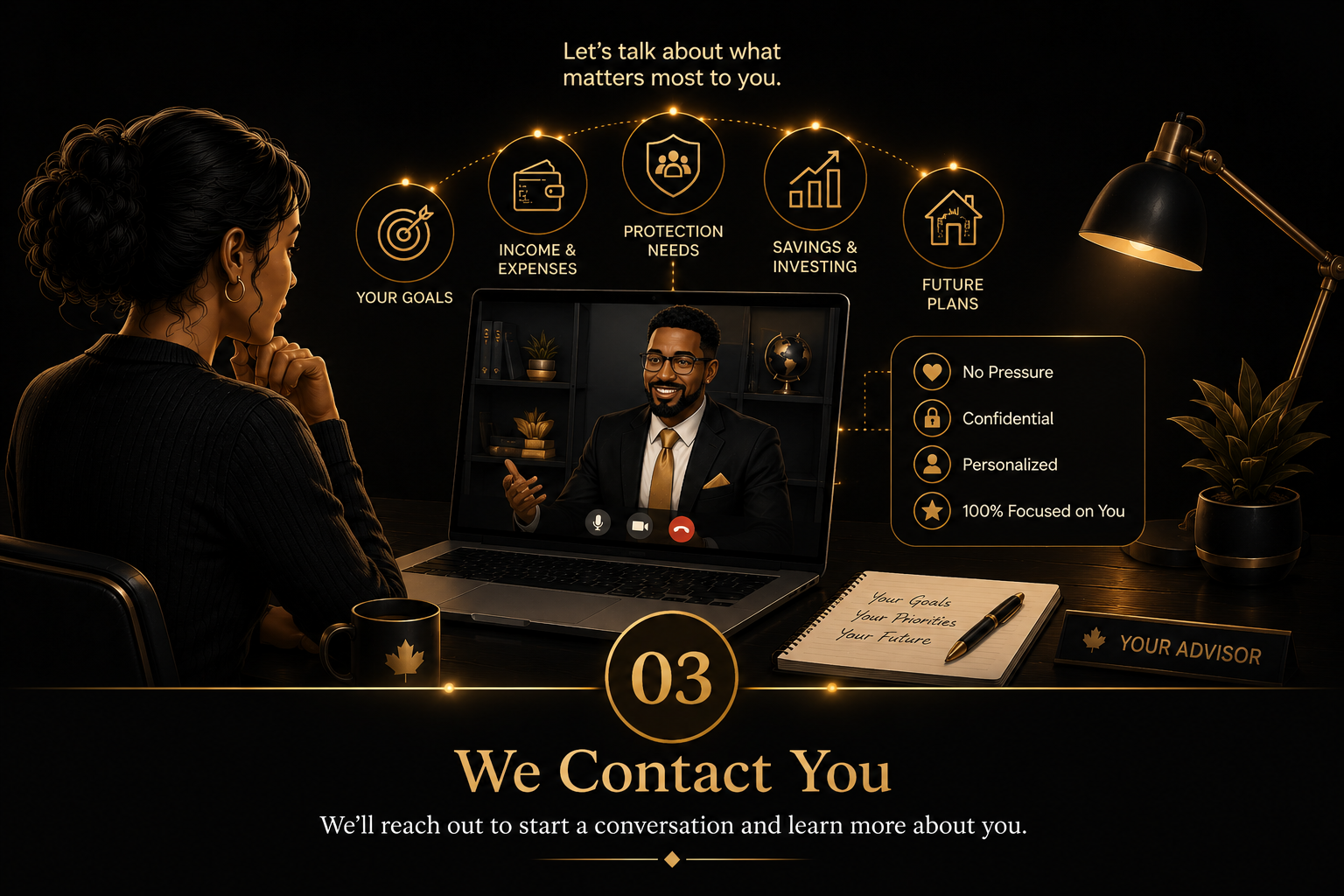 Elegant gold and black illustration of a woman on a video call with her advisor, with glowing icons for goals, income, protection, savings and future plans, and a notepad that reads Your Goals, Your Priorities, Your Future