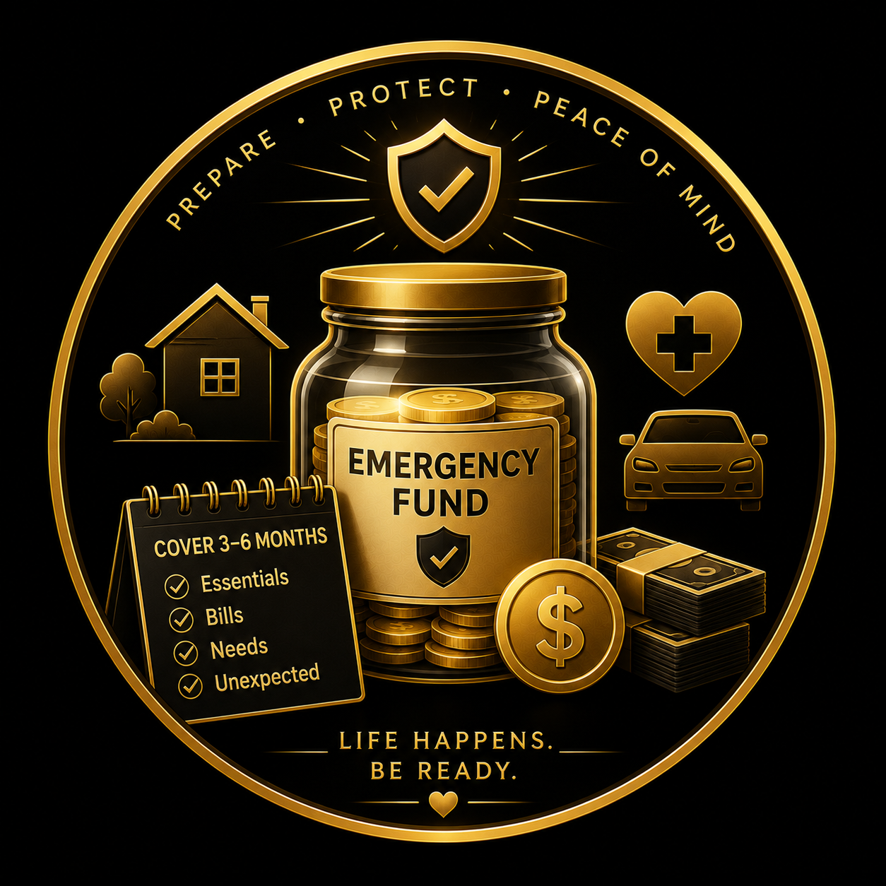 Gold emergency fund jar with shield, home, car, heart, cash and checklist inside a circular gold frame