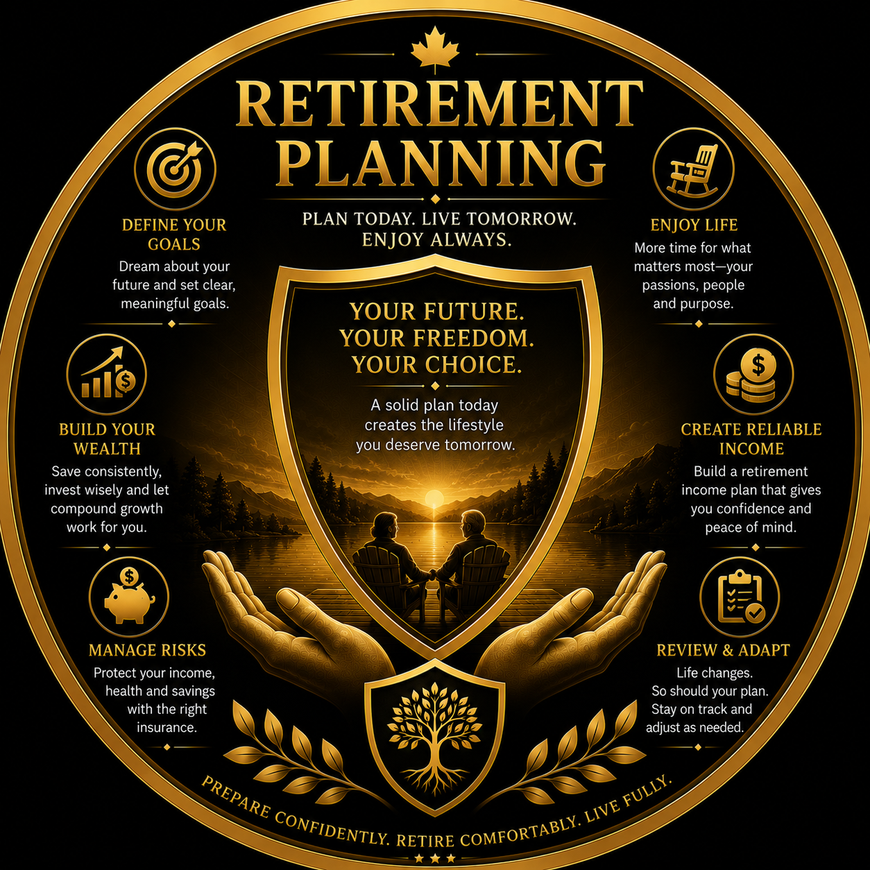 Golden Retirement Planning emblem with a couple at sunset, maple leaf and shield, symbolizing confident retirement income and lifestyle goals