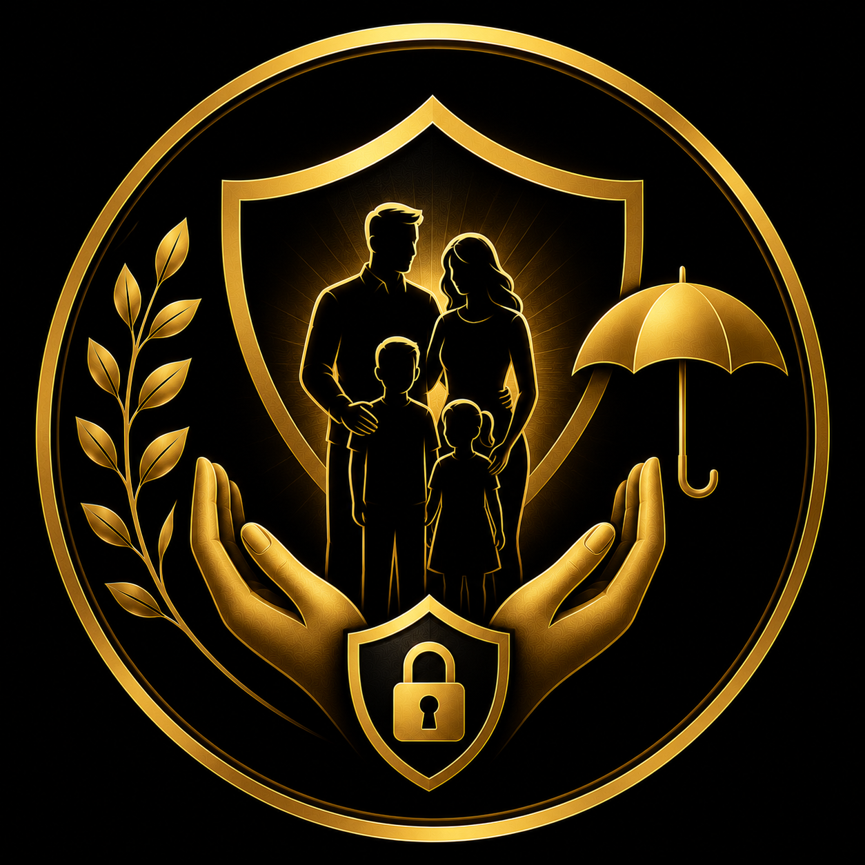 Illustration of a Canadian family standing beneath a gold protective shield with a home and income beside them
