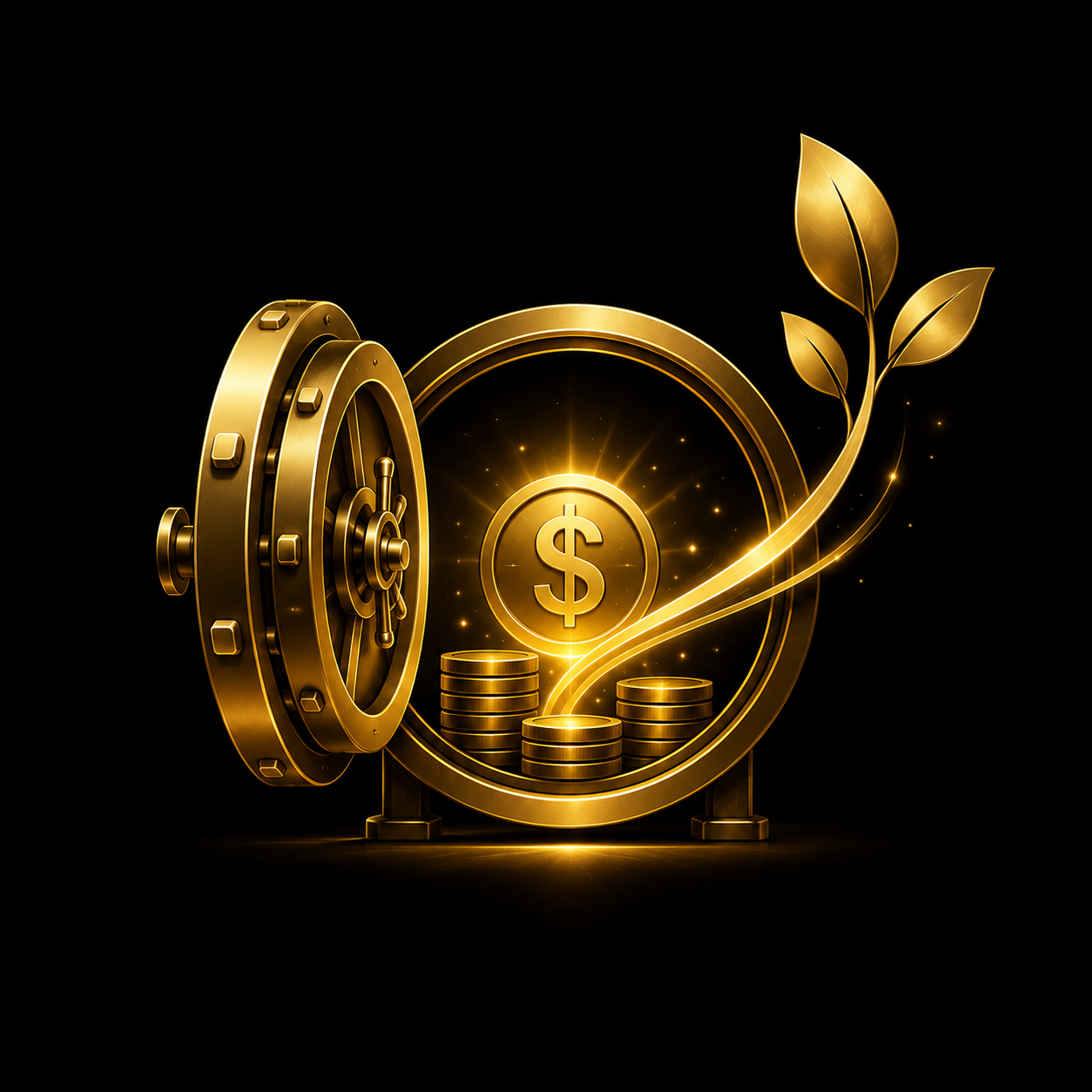 Gold vault door opening beside a rising gold dollar coin