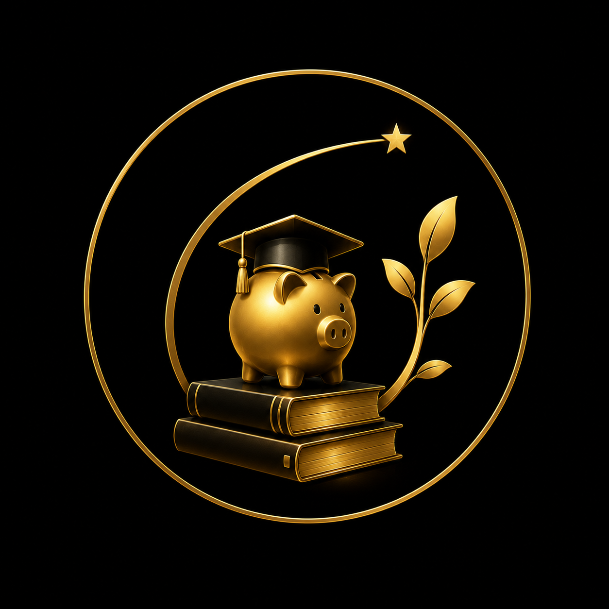 Gold piggy bank wearing a graduation cap on stacked books inside a circular gold frame