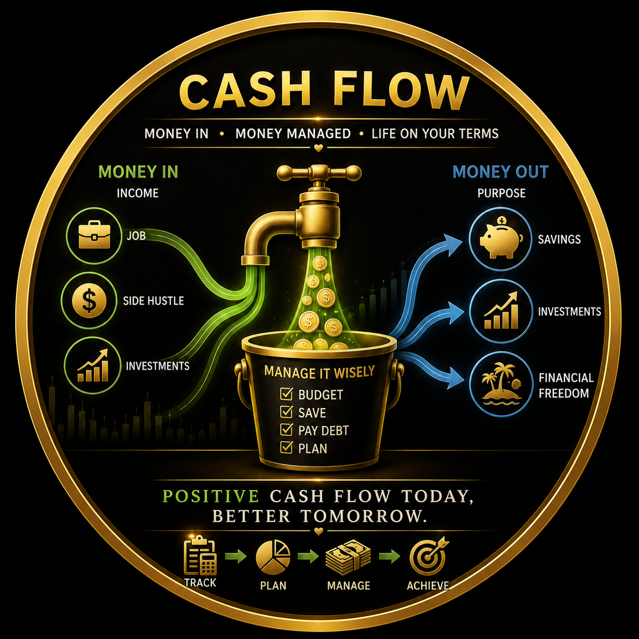 Gold cash flow diagram with faucet, bucket, income streams and savings goals inside a circular gold frame
