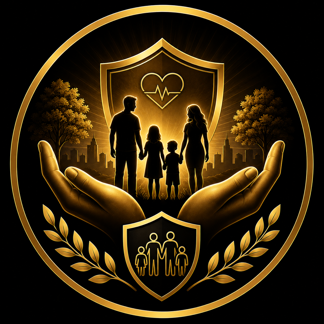 Golden hands cradling a family beneath a protective shield, symbolizing life insurance protection