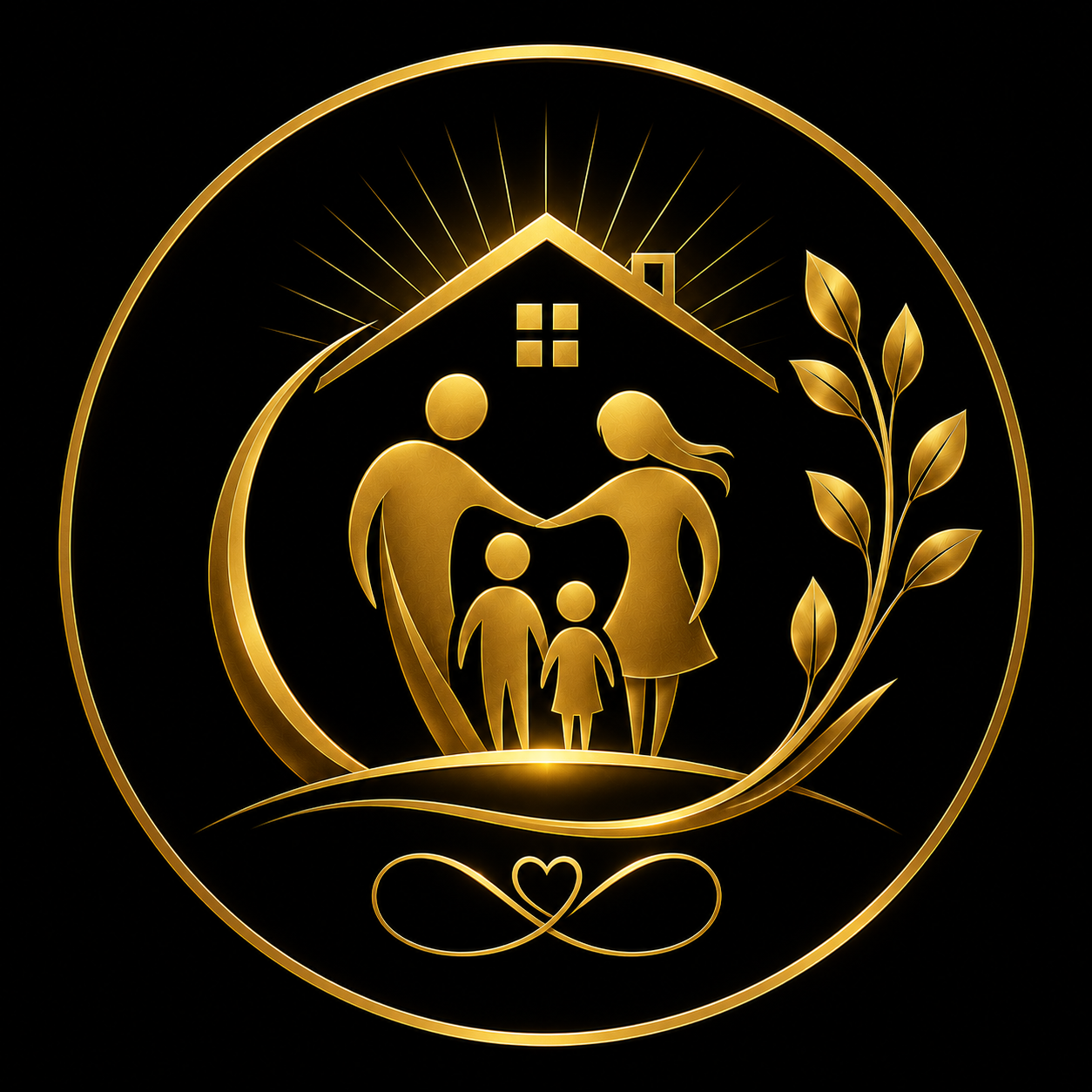Gold circular editorial illustration of a family with parents and two children standing together under a house roof with radiating light, leafy branches and an infinity-heart symbol
