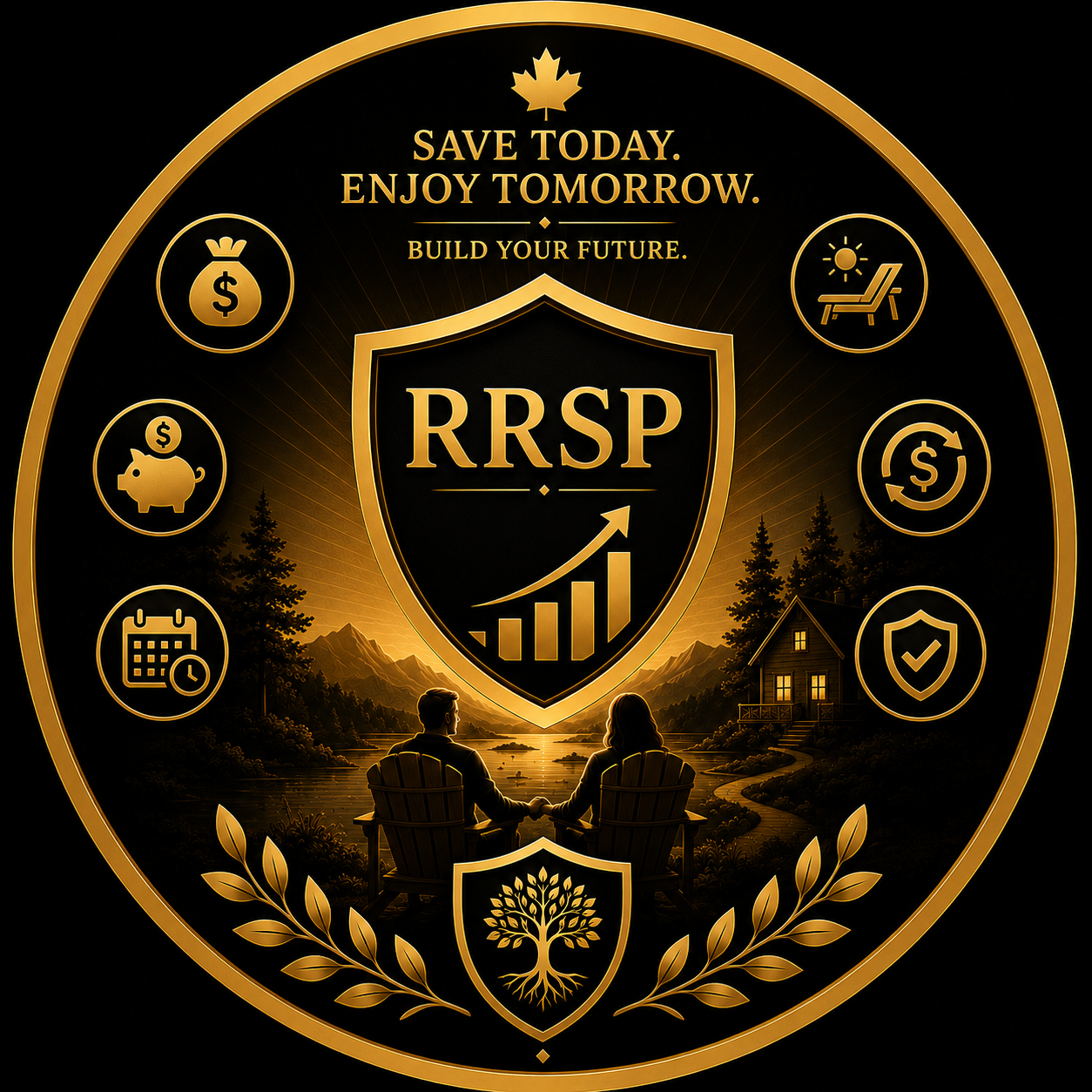 Golden RRSP emblem with a couple overlooking a lake at sunset, surrounded by icons for savings, retirement, tax refunds and long-term growth
