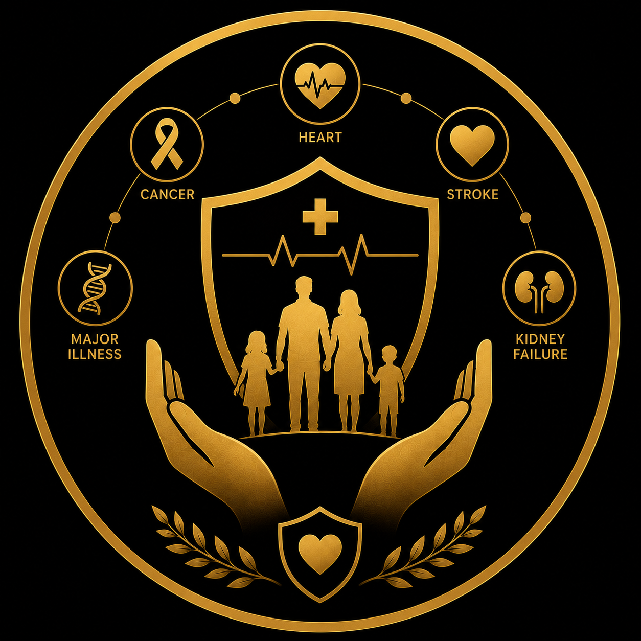 Golden emblem of a family shielded beneath a heartbeat, surrounded by icons for cancer, heart, stroke, major illness and kidney failure