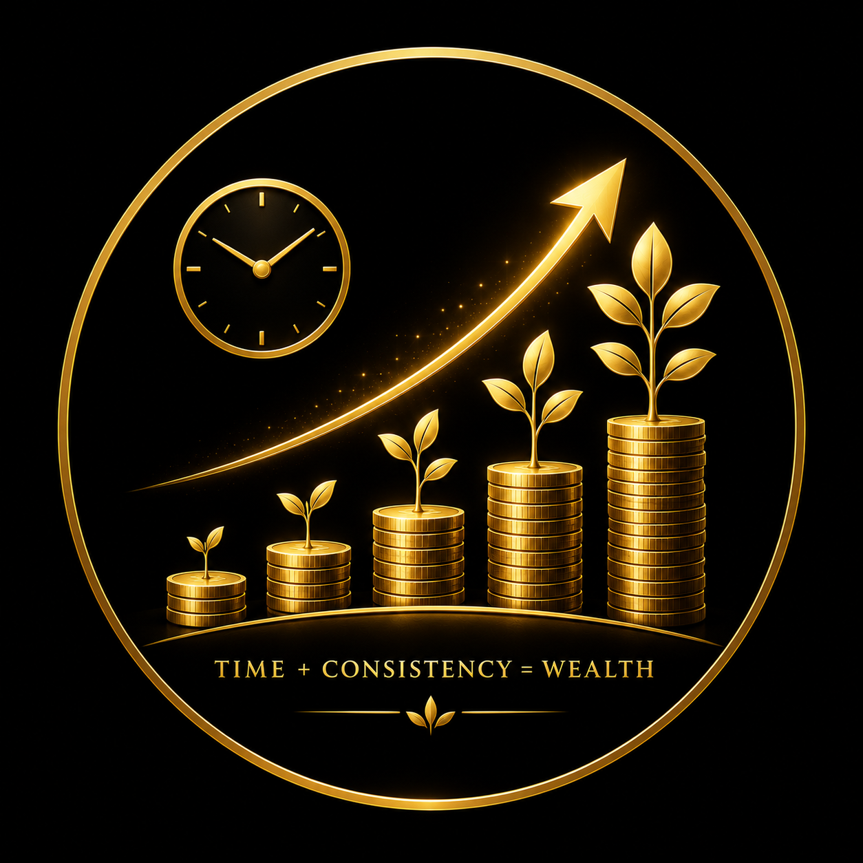 Gold compound growth diagram with rising coin stacks, sprouts, clock and growth arrow inside a circular gold frame