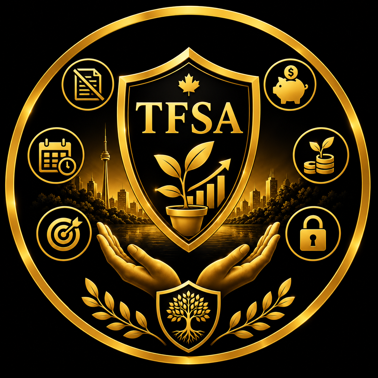 Golden TFSA emblem with a growing plant, piggy bank, calendar, target, coins and lock icons, symbolizing tax-free savings growth