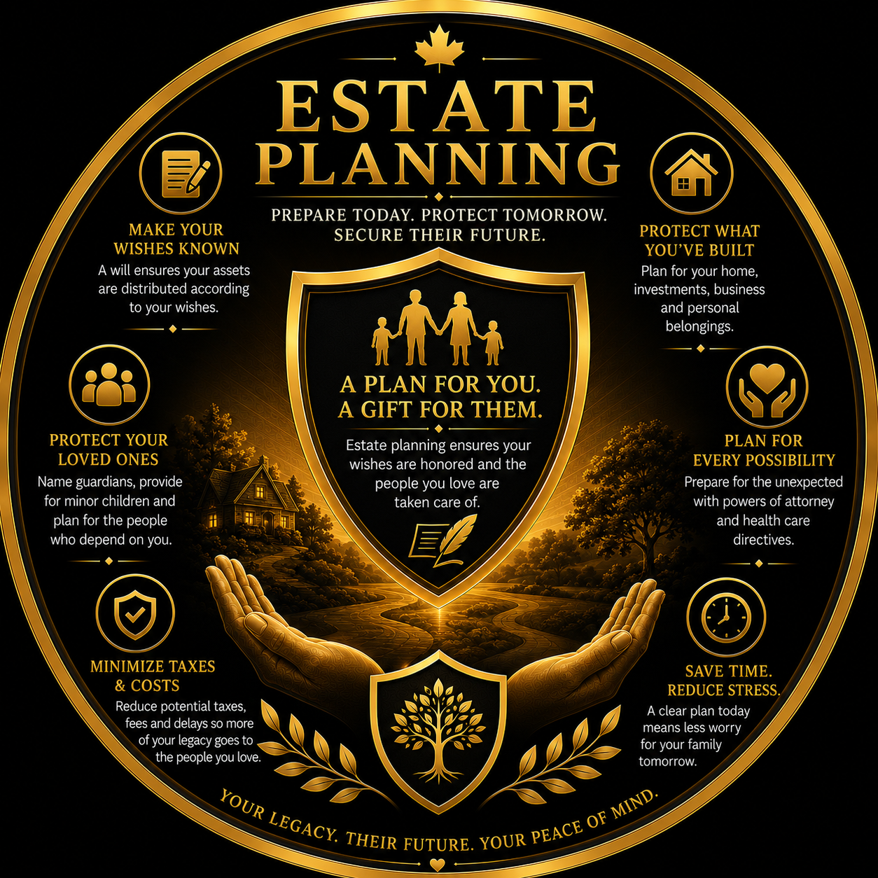 Golden Estate Planning emblem with a family shield, a family home and caring hands, symbolizing legacy protection and generational wealth transfer