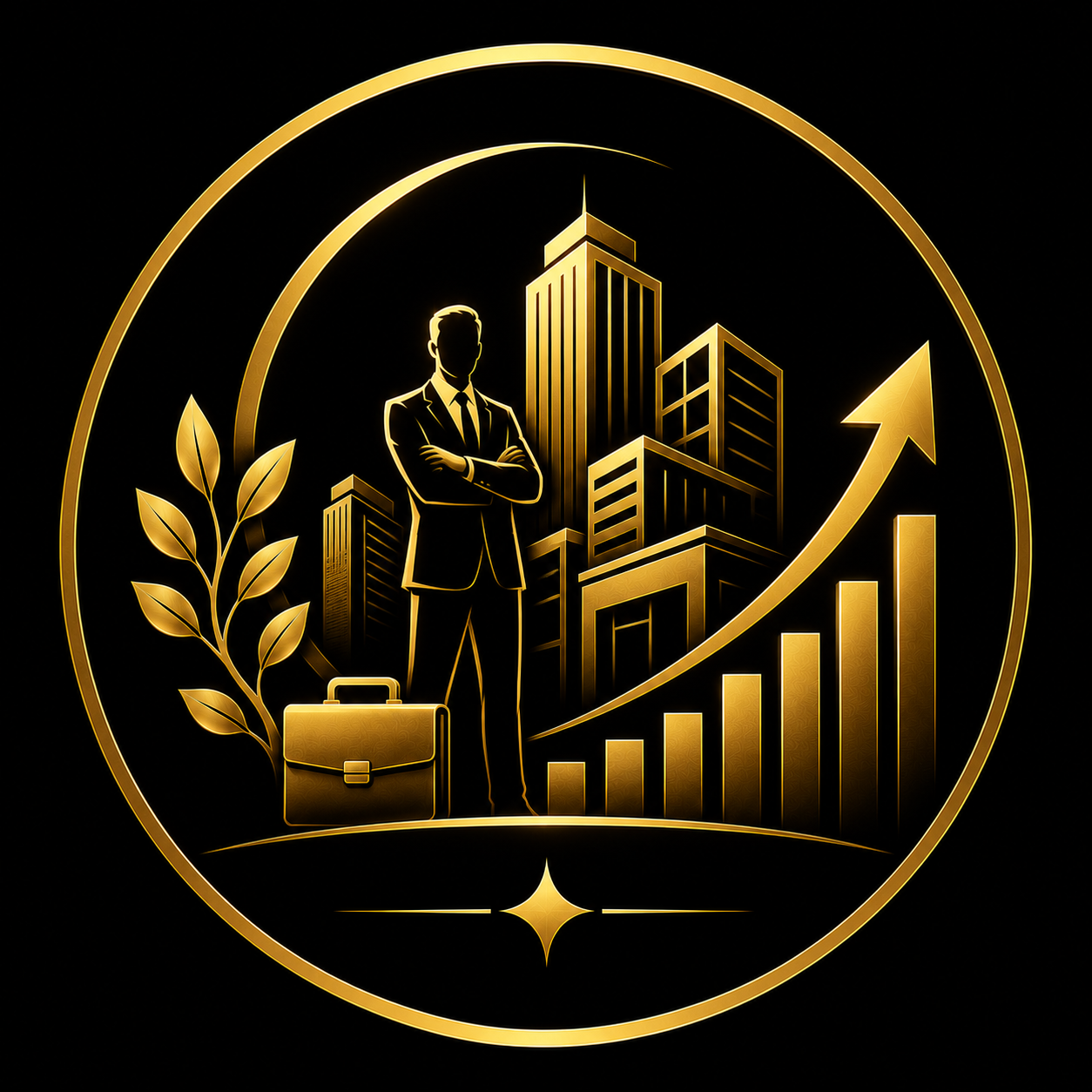 Gold circular editorial illustration of a confident business owner in a suit with a briefcase, city skyline, rising growth chart and upward arrow