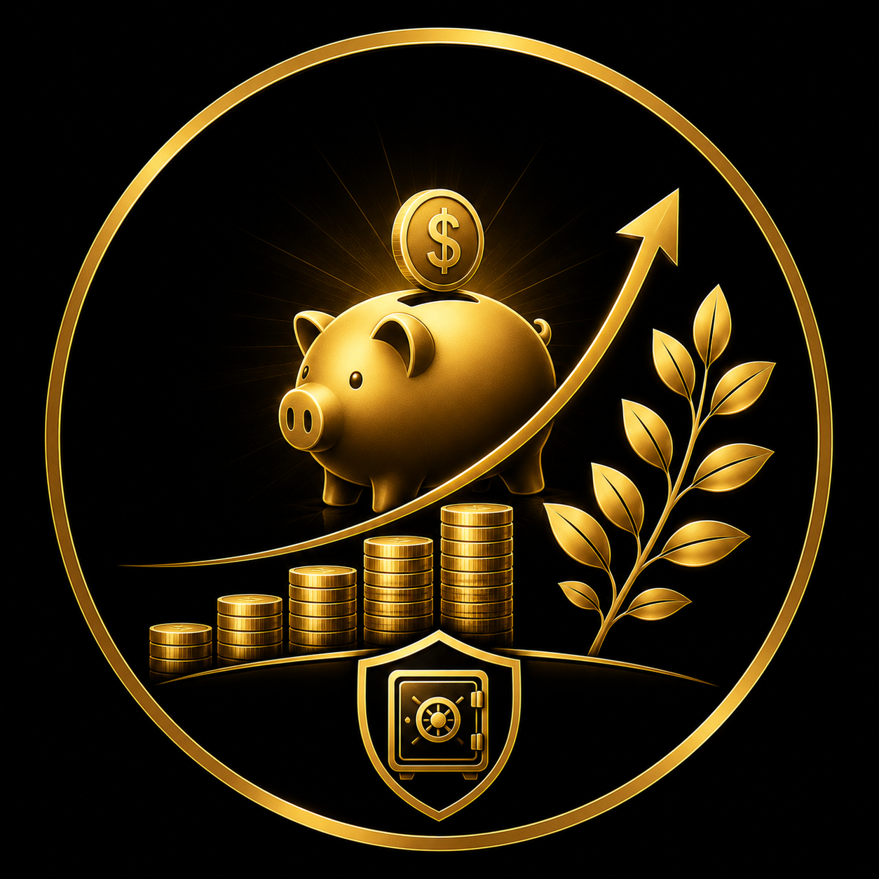 Illustration of a person dividing coins between savings goals shown as glowing gold containers