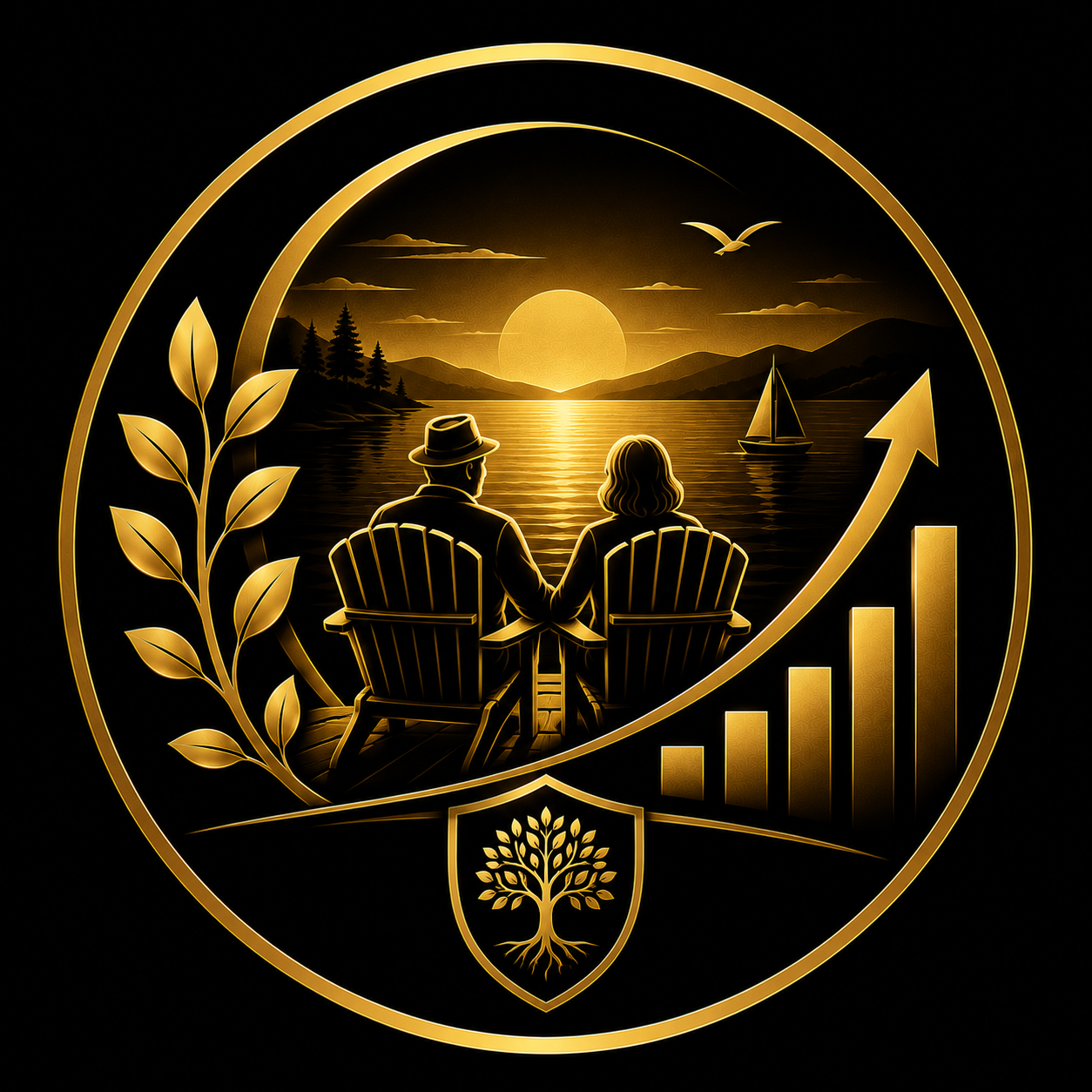 Gold circular editorial illustration of a mature couple relaxing in Adirondack chairs facing a lakeside sunset with a sailboat, rising growth chart and a protective shield with a tree of life