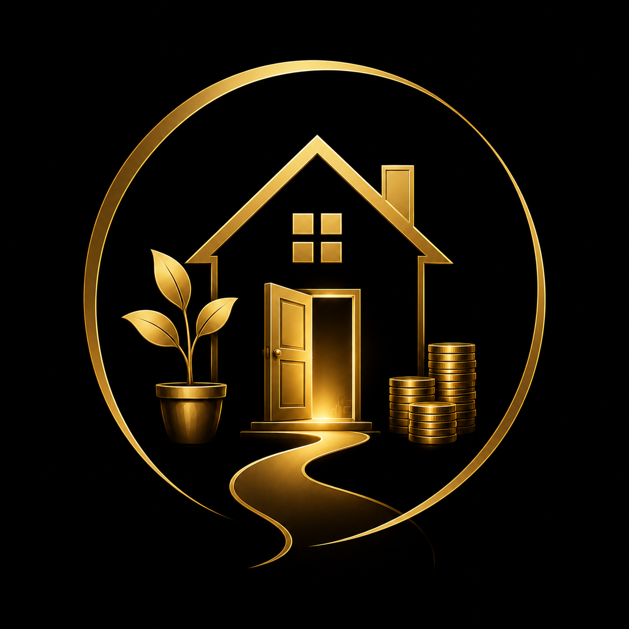 Gold home with open door, glowing path, stacked coins and a growing plant inside a circular gold frame