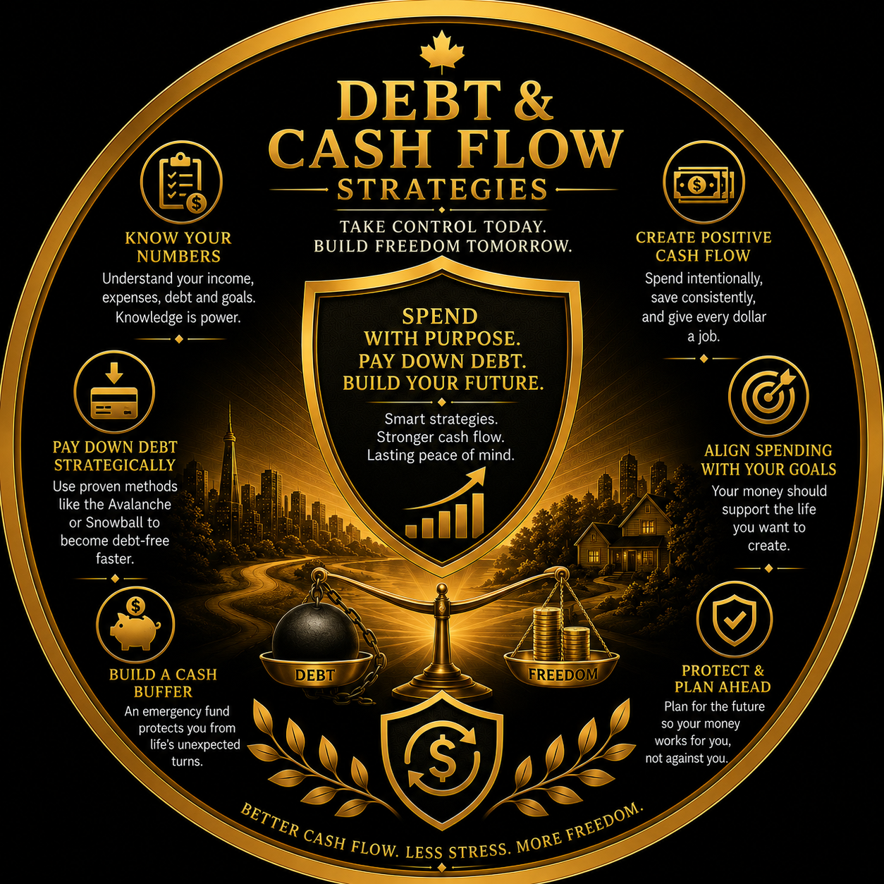 Golden Debt & Cash Flow emblem with scales balancing debt and freedom, a city skyline and a family home, symbolizing strategic cash flow management