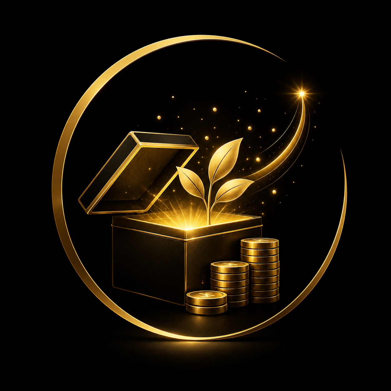 Open gold treasure chest with a glowing plant and stacked coins inside a circular gold frame