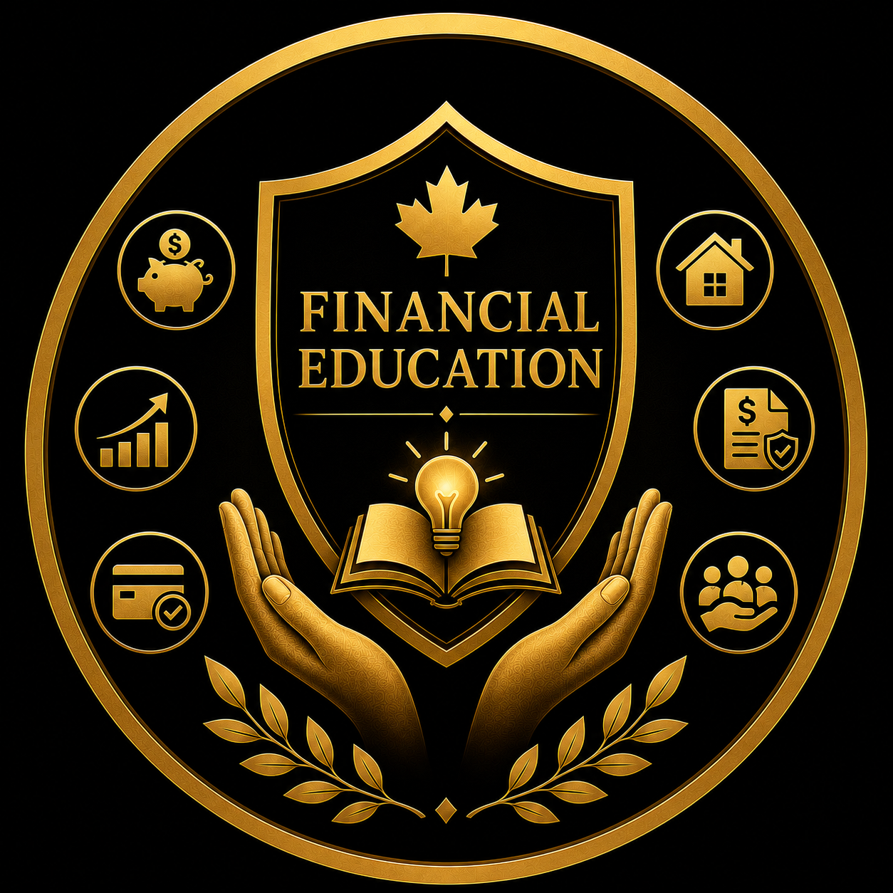 Golden Financial Education emblem with an open book, glowing light bulb, maple leaf shield and caring hands, surrounded by icons for saving, growth, home, credit and community