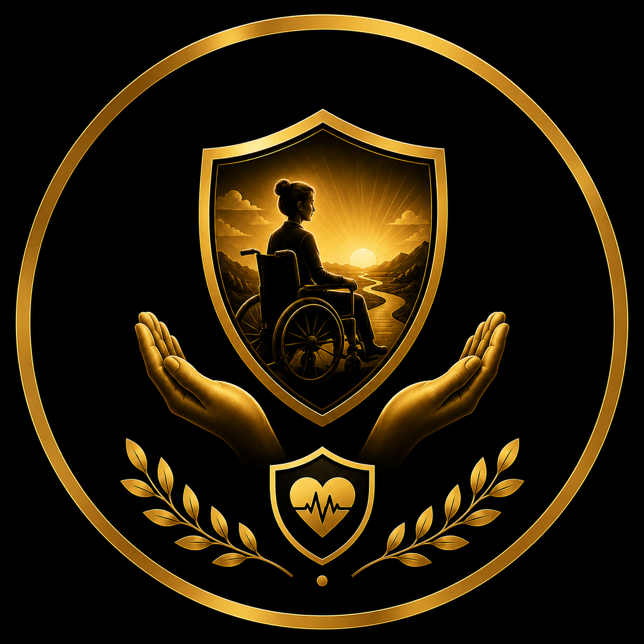 Golden shield cradled by hands showing a person in a wheelchair facing a sunrise, symbolizing disability insurance protection and dignity