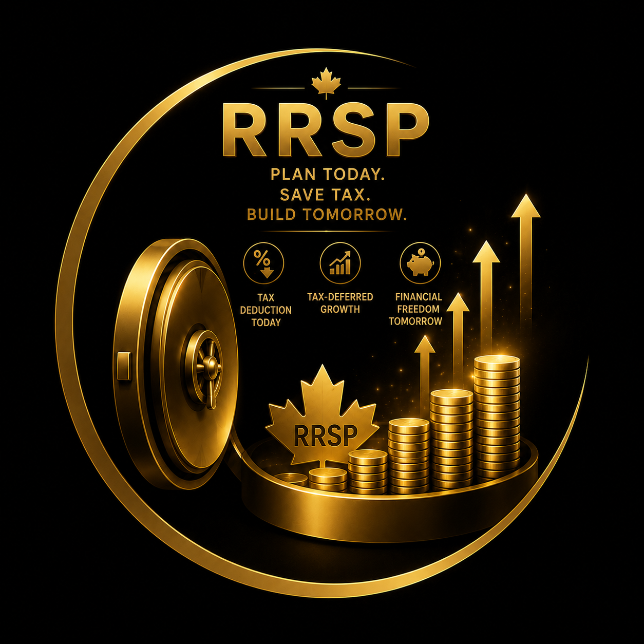Gold RRSP infographic with a vault door, rising coin stacks and maple leaf inside a circular gold frame